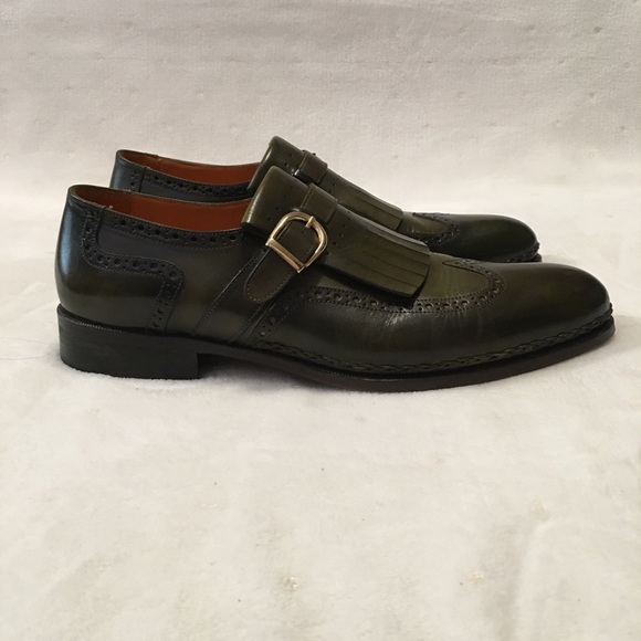 Paul Parkman Green Leather Wingtip Monkstrap Shoes - Picture 4 of 13